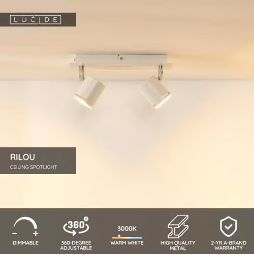 Lucide Rilou Dimmable Adjustable LED Twin Ceiling Spotlight in White – 2