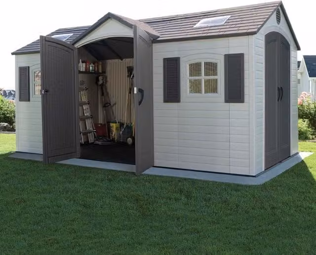 Lifetime Heavy Duty Plastic Gable Garden Shed in Light Grey and Beige