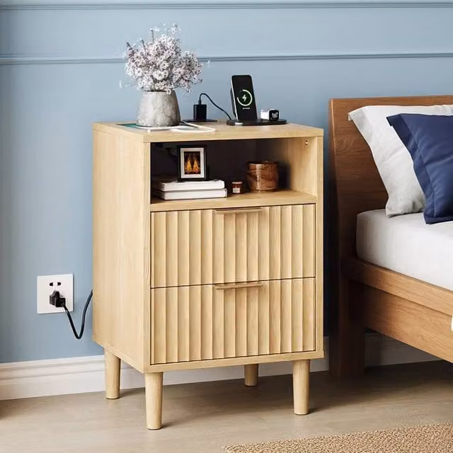 FORGEVIO Modern 2 Drawer Bedside Table with Power Supply in Natural Wood Matt Finish