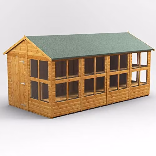 POWER Apex Wooden Potting Greenhouse Shed in Brown with 12mm Extra Thick Timber and Tempered Glass Windows – 1