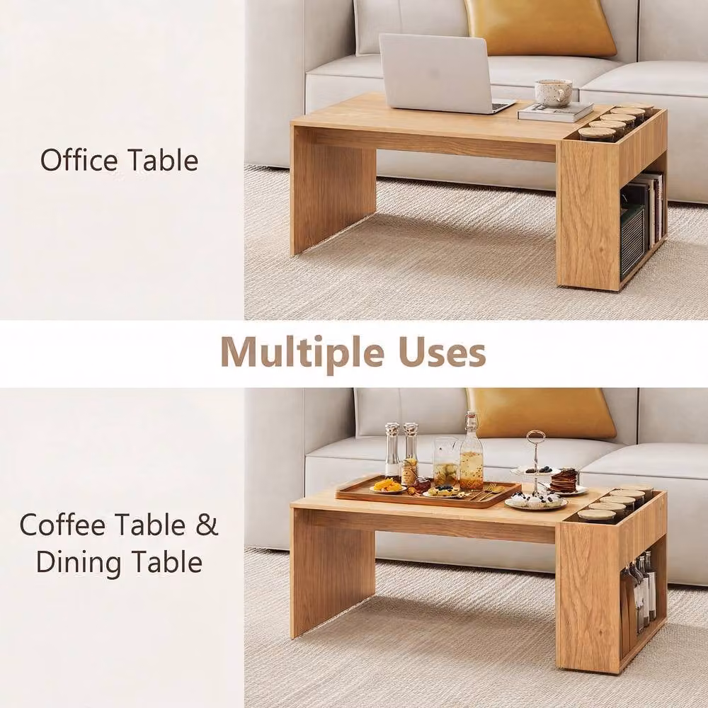 Gymax Double-Layer Rectangular Coffee Table in Brown Wood – 5
