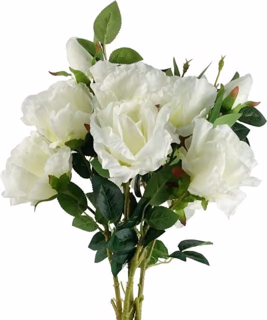 Pack of 6 White Artificial Rose Stems with Textile Leaves