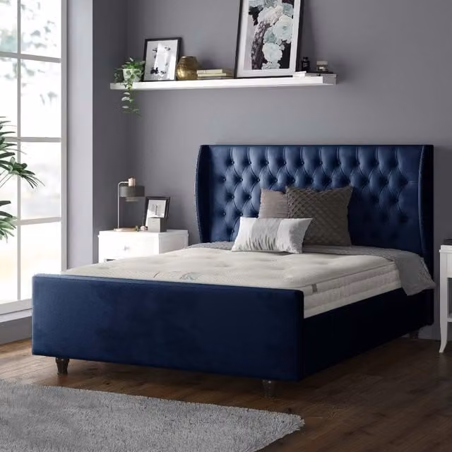 IH Design Aurora Chesterfield Wing Plush Velvet Bed Frame in Royal Blue, Superking, 200 x 200 cm