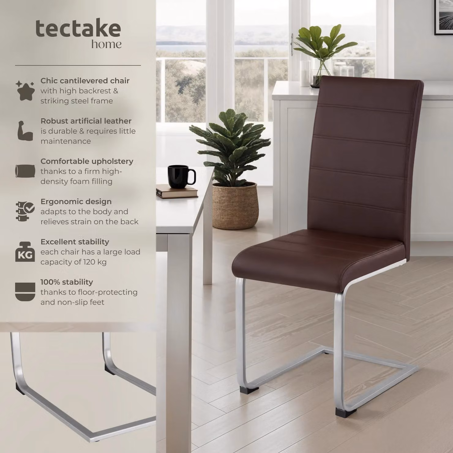 tectake Bettina Set of 4 Dining Chairs in Brown Synthetic Leather with Metal Cantilever Base – 2