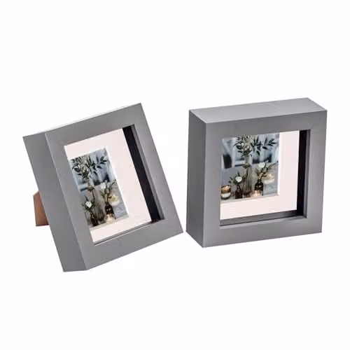 Nicola Spring Pack of 2 Modern Square 3D Shadow Box Photo Frames in Grey with White Mounts, 10 x 10 cm – 1