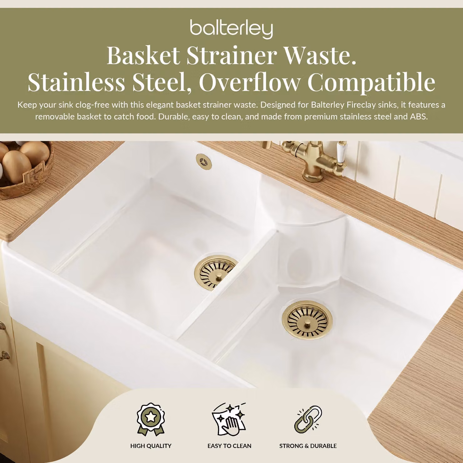 Balterley Brushed Brass Fireclay Kitchen Sink Basket Strainer Waste with Overflow, 90mm – 2