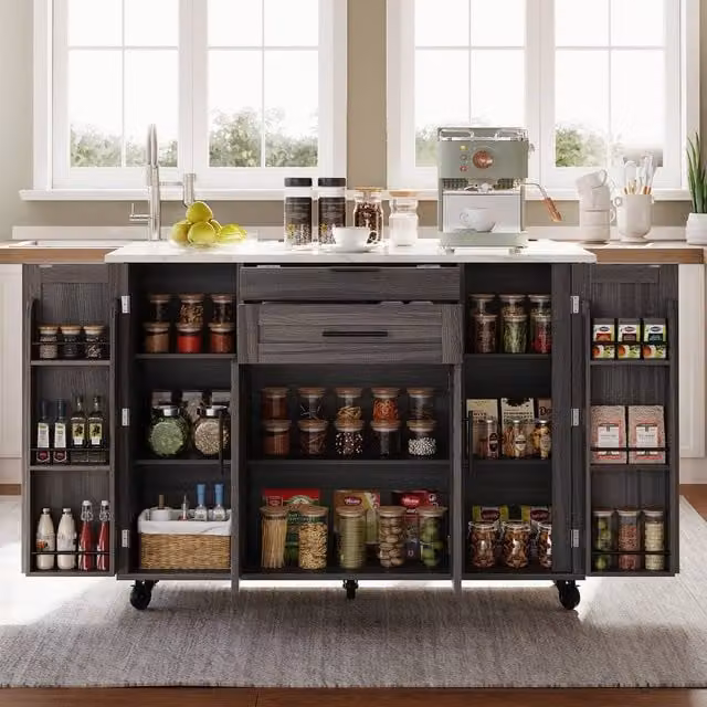 Merax Rolling Kitchen Island Trolley with Foldable Worktop in Grey, W/D/H: 120 x 45 x 92 cm