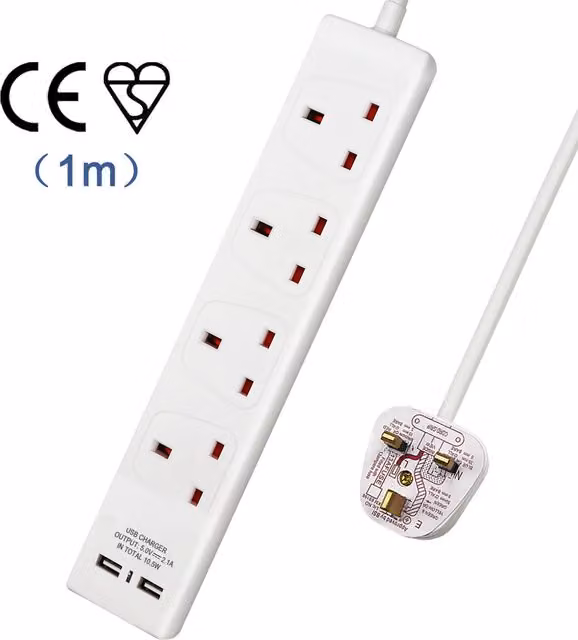 ExtraStar 4 Gang Built-in USB Extension Lead, White, 1m