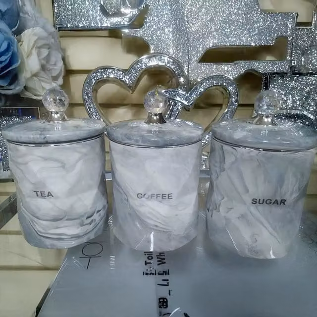DEENZ Set of 3 Grey Marble Design Ceramic Coffee, Tea and Sugar Canisters with Silver Accents
