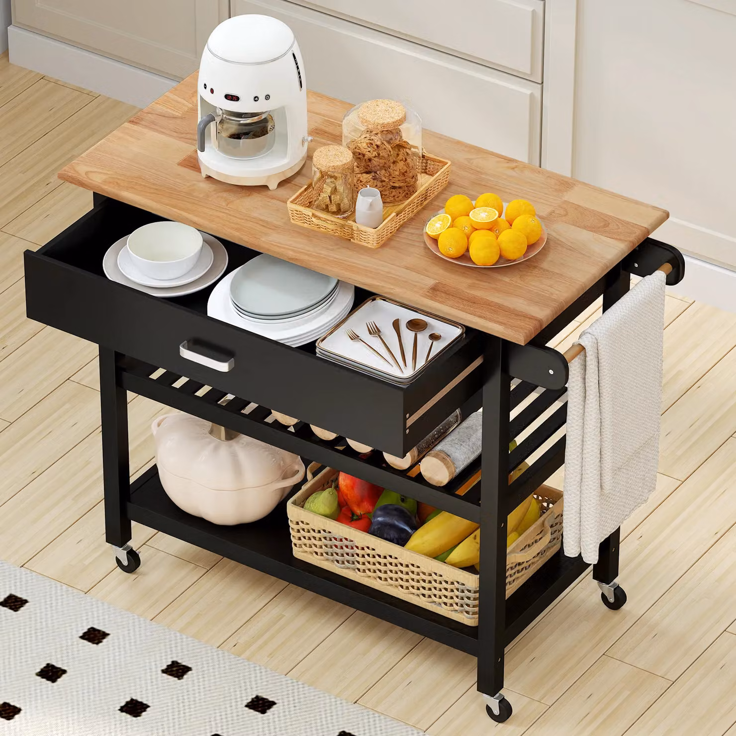Costway 3-Tier Rolling Kitchen Island Utility Cart with Wood Countertop in Black – 4