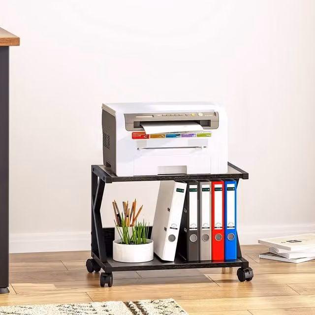 Huhote 2-Tier Wooden Desktop Printer Stand with Wheels and Storage in Black – 1