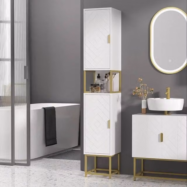 EONLION Modern Freestanding Narrow Bathroom Storage Cabinet in White and Gold – 1