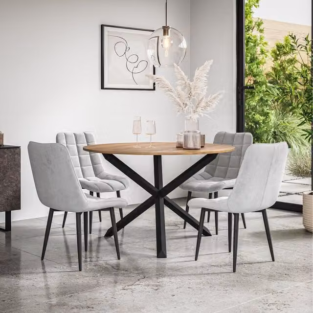 More4Homes Malvern Round Oak Effect Dining Table Set with 6 Grey Nova Velvet Chairs, Diameter: 120 cm, Height: 75 cm
