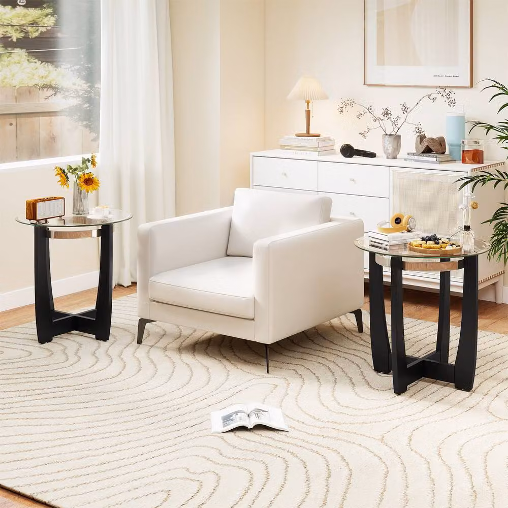Costway Round End Table with Tempered Glass Top and Rubberwood Frame in Black, Diameter: 61 cm – 5