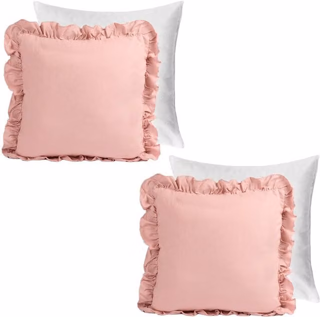 Highams Range Pack of 2 Linen Frill Filled Square Cushions in Pink