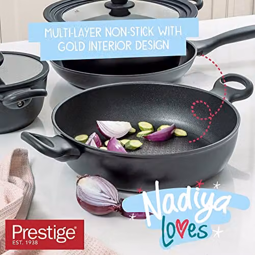 Nadiya x Prestige 4 in 1 Non-Stick Wok, 26 cm, Black and Gold – 4