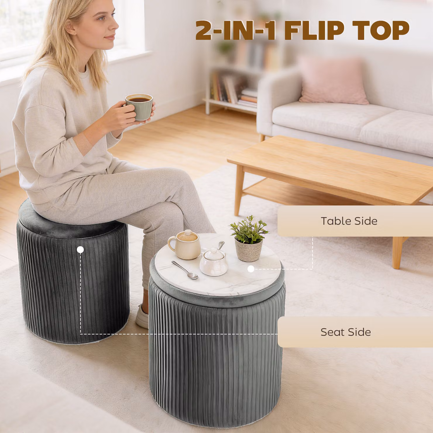 HOMCOM Modern Velvet Round Storage Ottoman Foot Stool in Grey, Diameter: 45 cm – 4