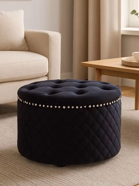 Orsina Round Black Velvet Ottoman with Button Tufted Seat and Stud Detail Sides