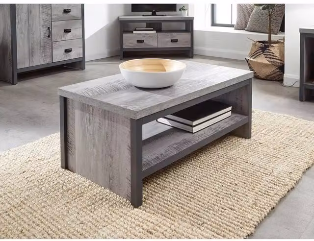 FORGEVIO Grey Industrial Coffee Table with 30mm Chunky Distressed Composite Top