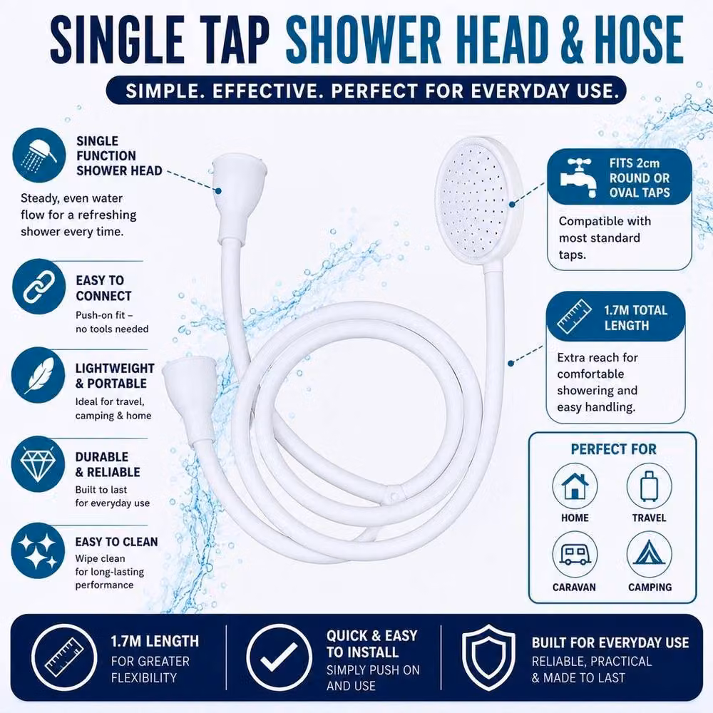 FLAVORA White Matt Handheld Shower Head with 1.7m Push On Tap Hose, W: 100 cm, H: 40 cm, D: 10 cm – 2
