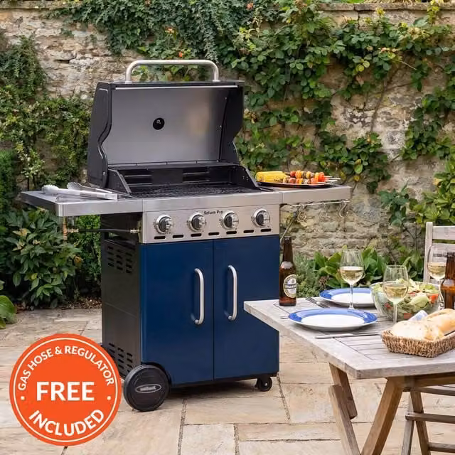 Outback Saturn Pro 4 Burner Gas BBQ with Side Burner, Warming Rack and Thermometer in Blue and Silver