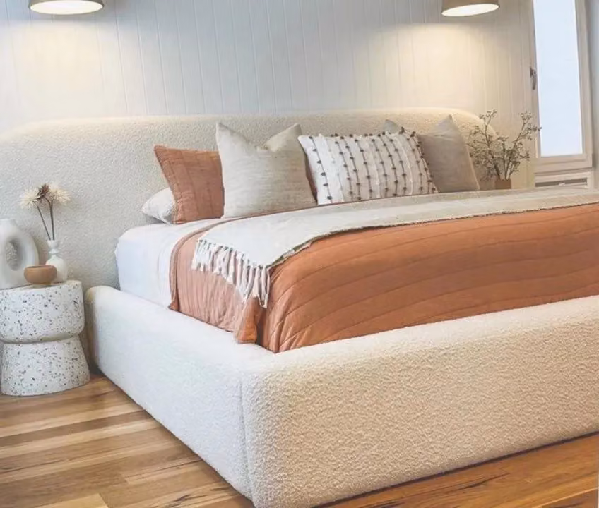 HOB Furniture Lucian Curved Double Bed in Cream Oat Boucle Teddy Fabric, Width: 152 cm – 2