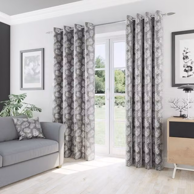 Oakland Grey Thermal Eyelet Curtains with Floral Pattern, W: 137 cm, H: 117 cm