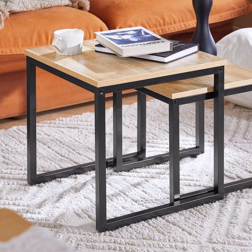 SoBuy Industrial Modern Nesting Coffee Table with Black Metal Frame and Light Oak MDF Tops – 3