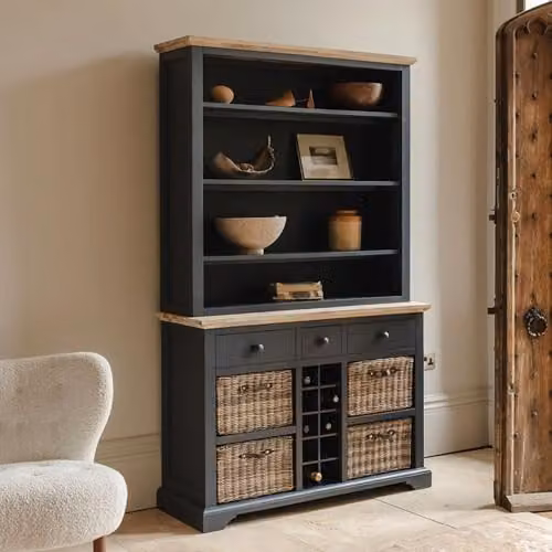 Statement Furniture Florence Display Cabinet in Blue, featuring Glass Doors, Internal Shelves and a Bottle Rack, W: 120 cm, H: 200 cm, D: 42 cm – 1