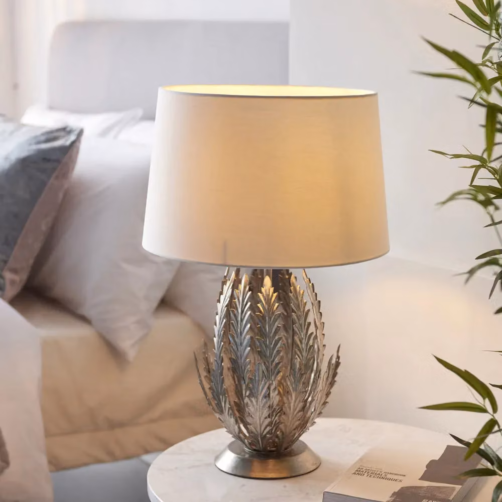 Loops 2 Pack Ornate Silver Table Lamps with Beige Fabric Cylinder Shades – 2