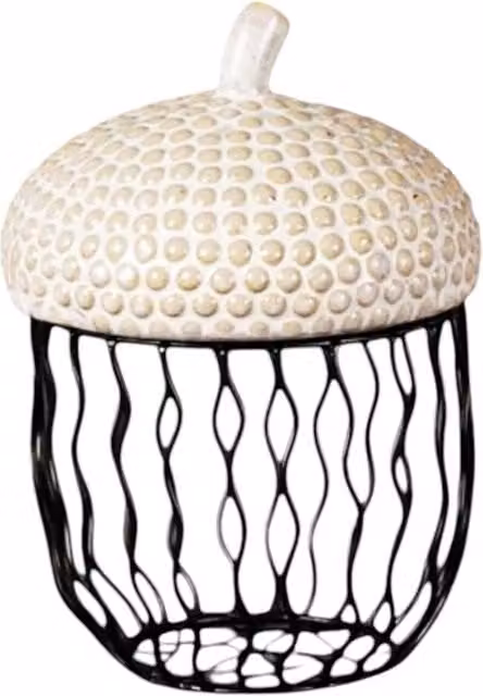 Four Candle Acorn Ceramic Pot with Black Wire Base in White/Beige, Height: 16 cm
