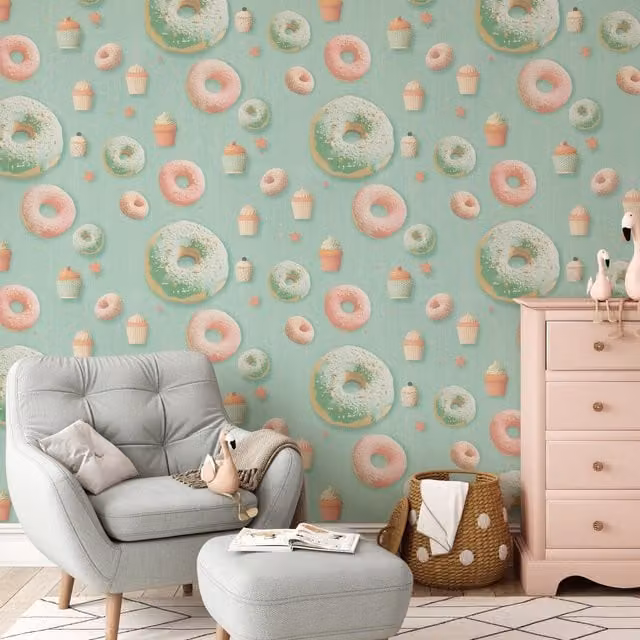 Erismann Cupcakes Wallpaper in Duck Egg Blue and Turquoise, Pre-pasted Vinyl Roll