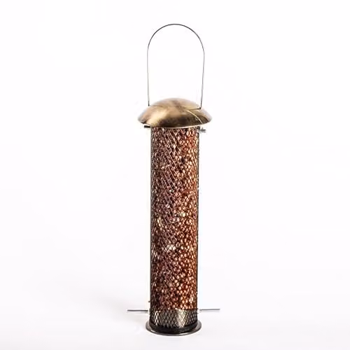 Happy Beaks Supreme Bird Feeder Collection, Set of 3 Antique Brass Metal Hanging Garden Feeders for Seed, Peanut and Mealworm