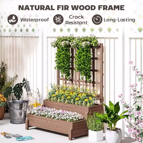 Outsunny 2-Tier Wooden Raised Garden Bed with Trellis, Brown, W/D/H: 121 x 88 x 66 cm – 5