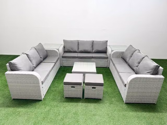 Fimous 11 Seater PE Rattan Outdoor Garden Furniture Set with Square Coffee Table, 3 Seater Sofa, 2 Stools and 2 Side Tables in Light Grey