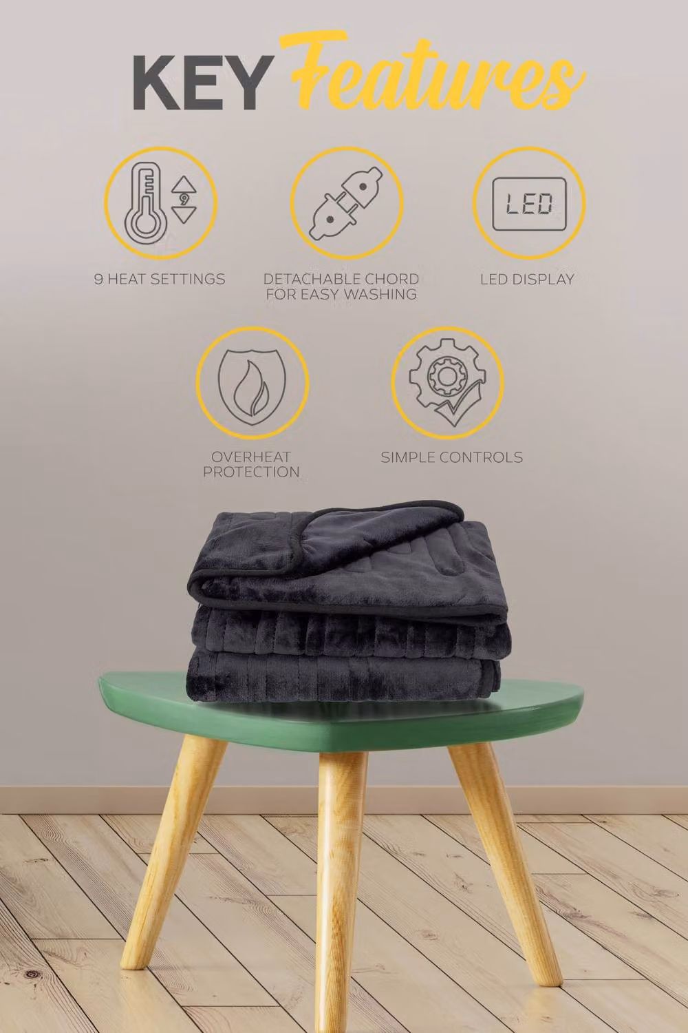MONHOUSE Black Fleece Heated Electric Throw with 9 Heat Settings and Timer, W/D/H: 130 x 160 cm – 10