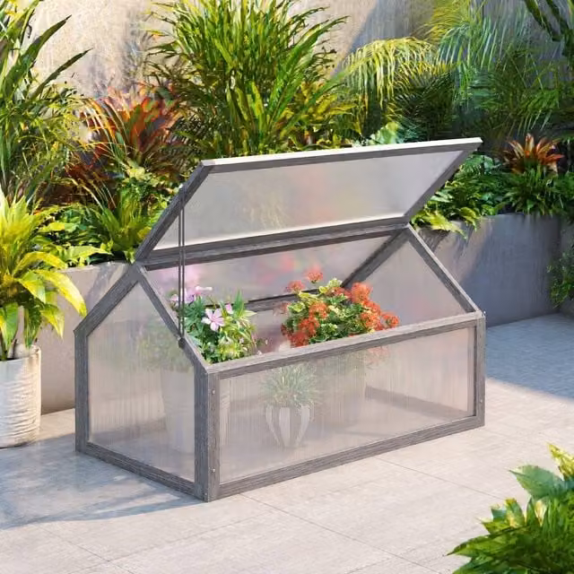 STILVORA Grey Wooden Garden Cold Frame Greenhouse with Transparent Polycarbonate Cover, W/D/H: 90 x 52 x 90 cm