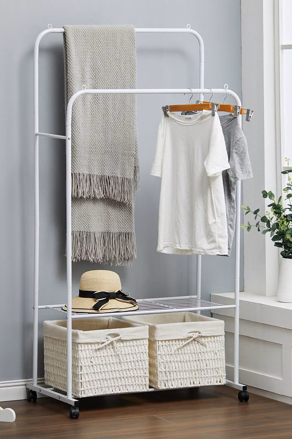 ExtraStar Metal Double-Rod Rolling Clothes Rack in White – 2