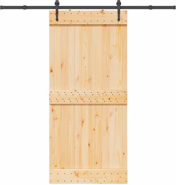 Berkfield Home Rustic Solid Wood Pine Sliding Door with Hardware Set, Brown, W: 95 cm, H: 210 cm