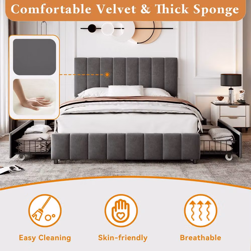 BTM Grey Velvet Upholstered Double Bed with 4 Storage Drawers, W/D/H: 140 x 200 x 143 cm – 3