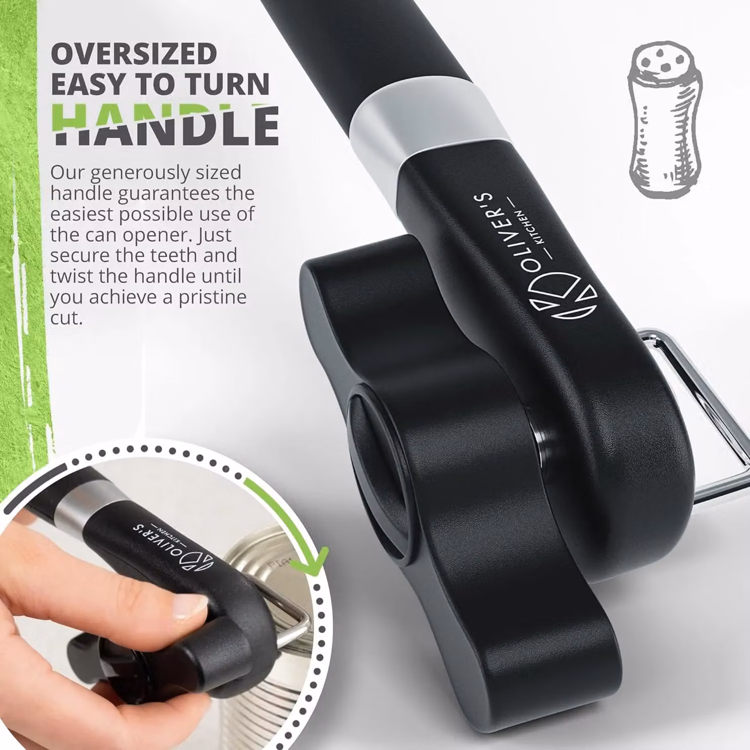 Oliver's Kitchen Safety Can Opener in Black with Ergonomic Grip and Stainless Steel Blades – 5
