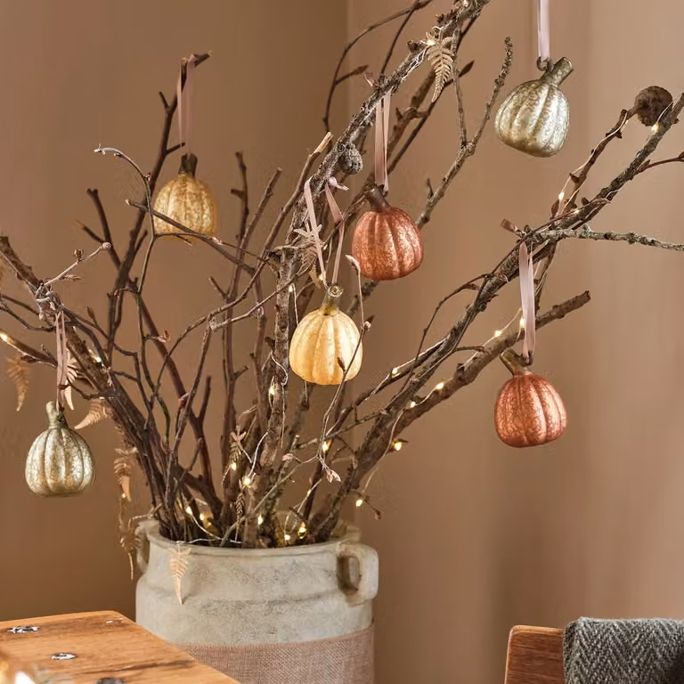Lights4fun Set of 6 Mottled Mercury Glass Mini Pumpkin Hanging Tree Decorations in Orange, Yellow, White and Gold