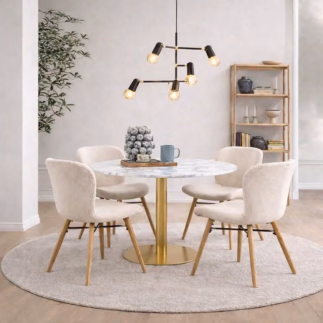 Furniture To Go Corby Round White Marble Dining Table with Gold Base and 4 Batilda Cream and Oak Chairs