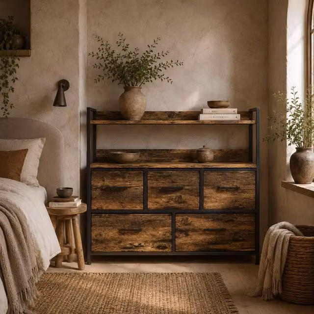 Wyld Haus Yoyota 5 Drawer Storage Chest in Rustic Brown Fabric and Wood – 1
