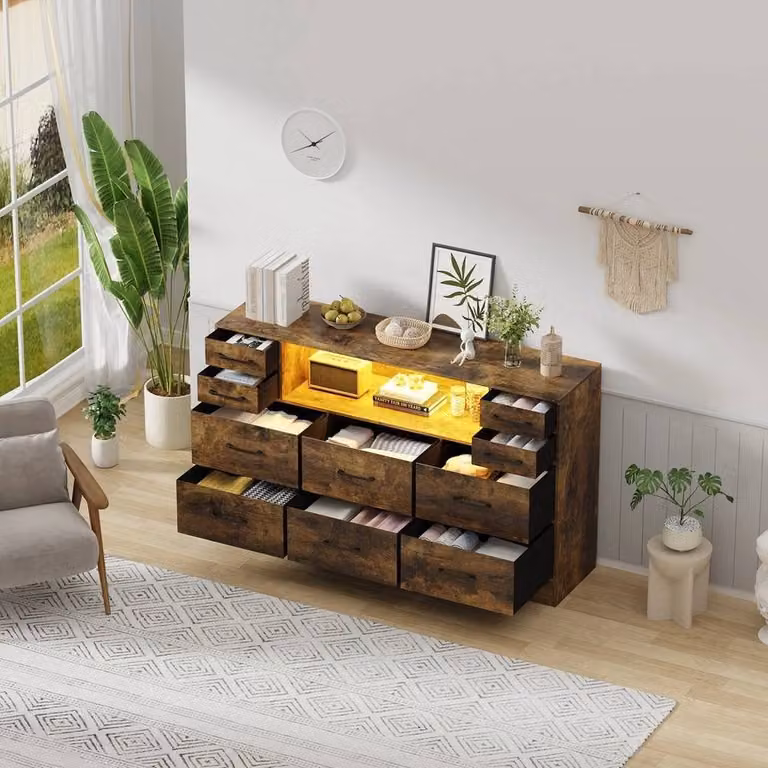 PAWNORA 10 Drawer Chest of Drawers and Bedside Cabinet in Brown, H 108 cm x W 72 cm x D 40 cm