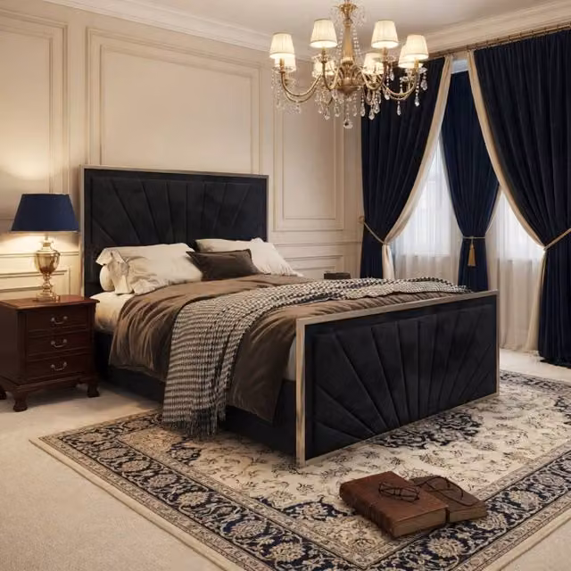 KDMD Thornhill Modern Upholstered Velvet Designer Bed Frame with Black Metal Details, W/D/H: 180 x 200 cm