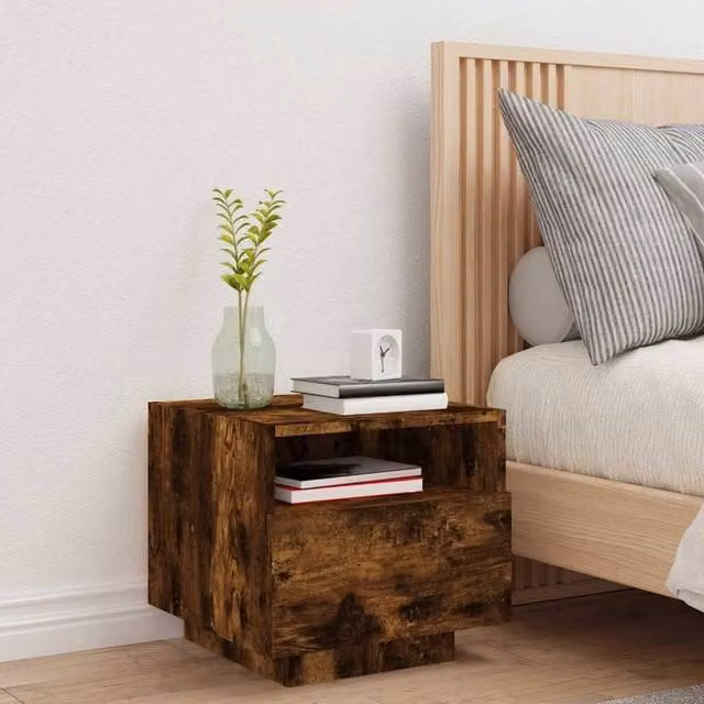 Berkfield Home Decorative Bedside Cabinet with Integrated LED Lights in Smoked Oak Brown, W/D/H: 40 x 39 x 37 cm – 1