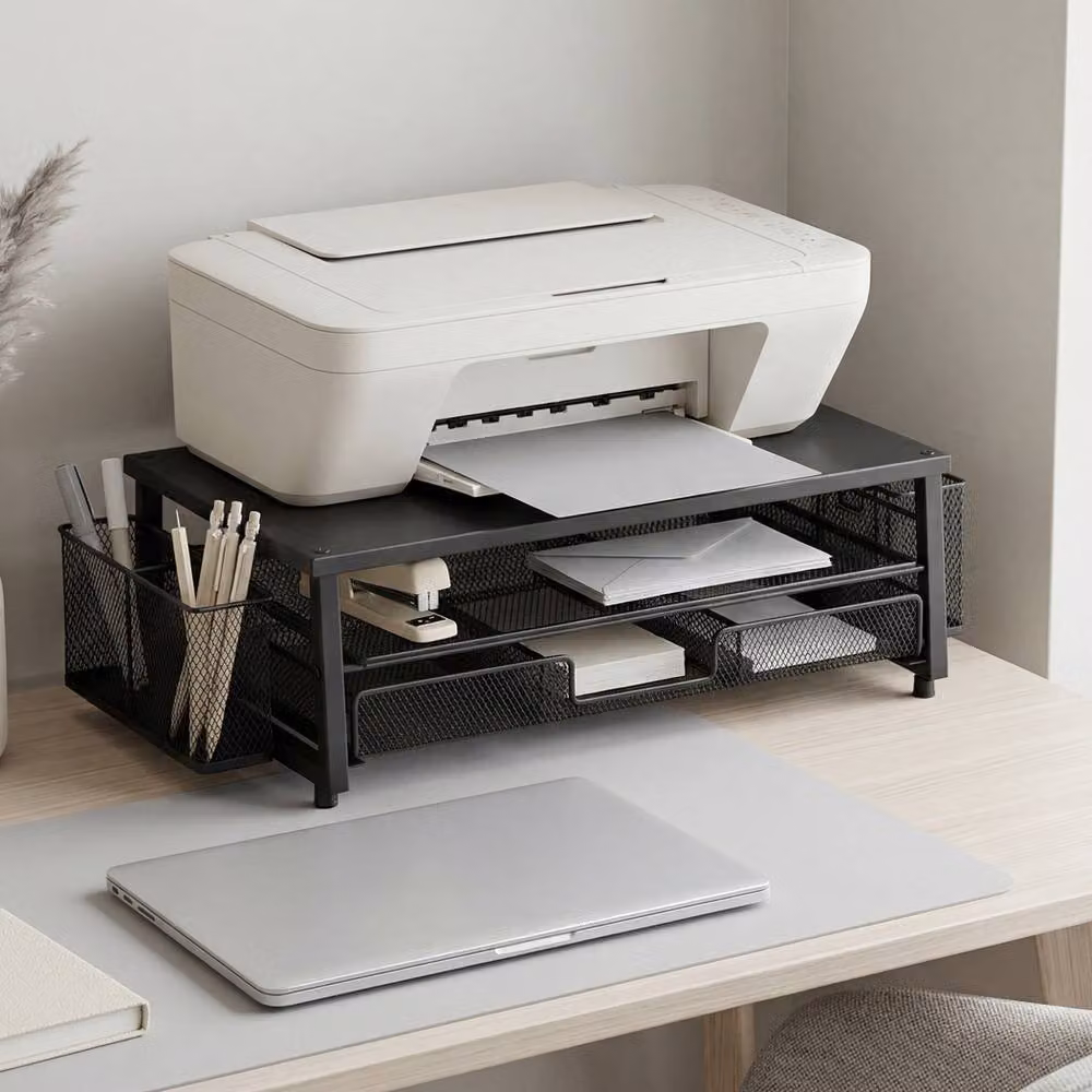 Levede Metal Monitor Riser Desk Organiser with Drawer, Black – 3