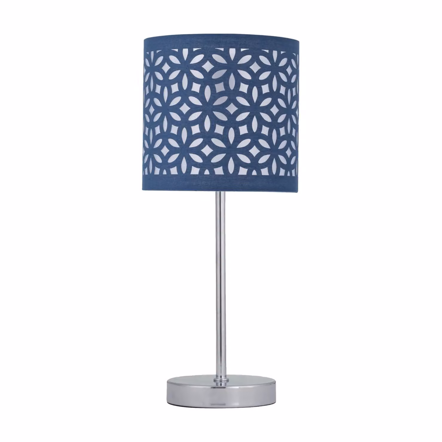 First Choice Lighting Set of 2 Chrome Stick Table Lamps with Navy Blue Fabric Shades – 2