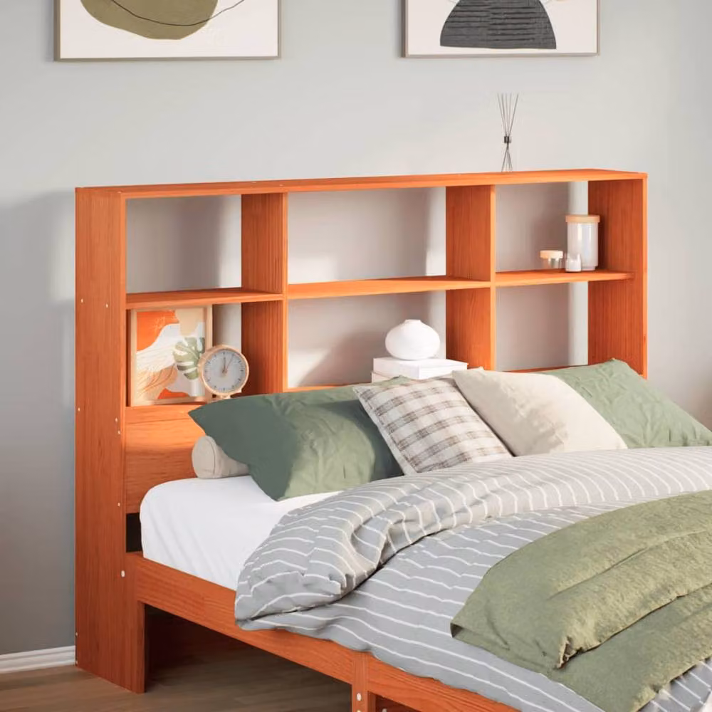 Berkfield Home Solid Wood Pine Headboard with Integrated Storage Shelves, Wax Brown, H: 110 cm, W: 156 cm, D: 23 cm – 2